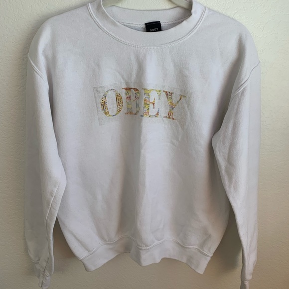Obey Sweaters - OBEY White Crew Neck Sweatshirt SIZE: S Obey Sweaters - OBEY White Crew Neck Sweatshirt SIZE: S